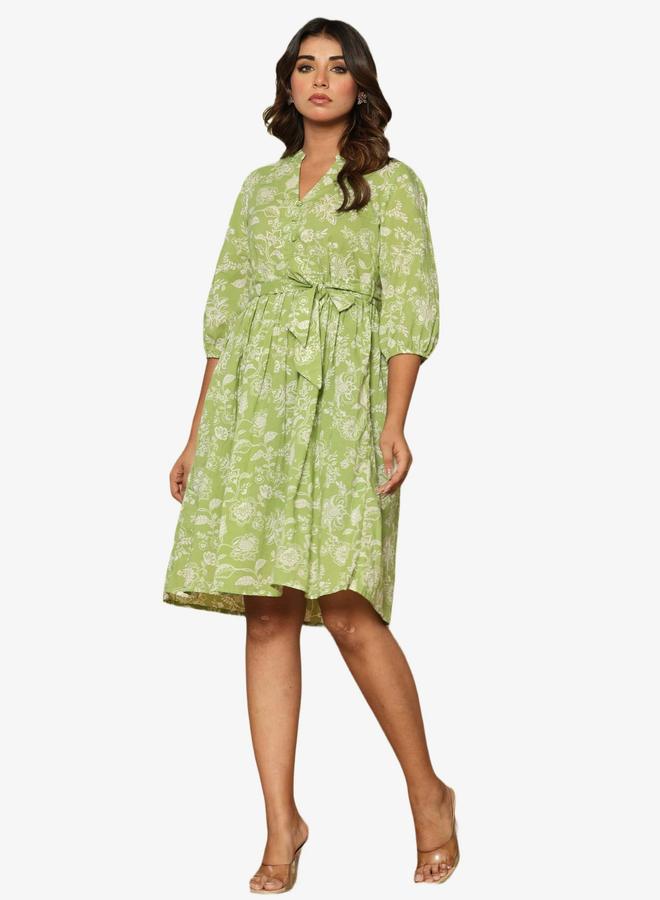 KASYA Green Cotton Printed Bell Sleeve Dress - Image 1
